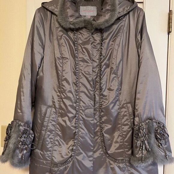 WINTER WOMAN HOODED WATER RESISTANT SILVER GREY GENUINE MINK FLORAL - Picture 2 of 16